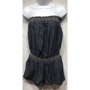 Vintage Mudd Strapless Denim Blue Jean Romper XL Smocked Pockets Shortalls Y2K